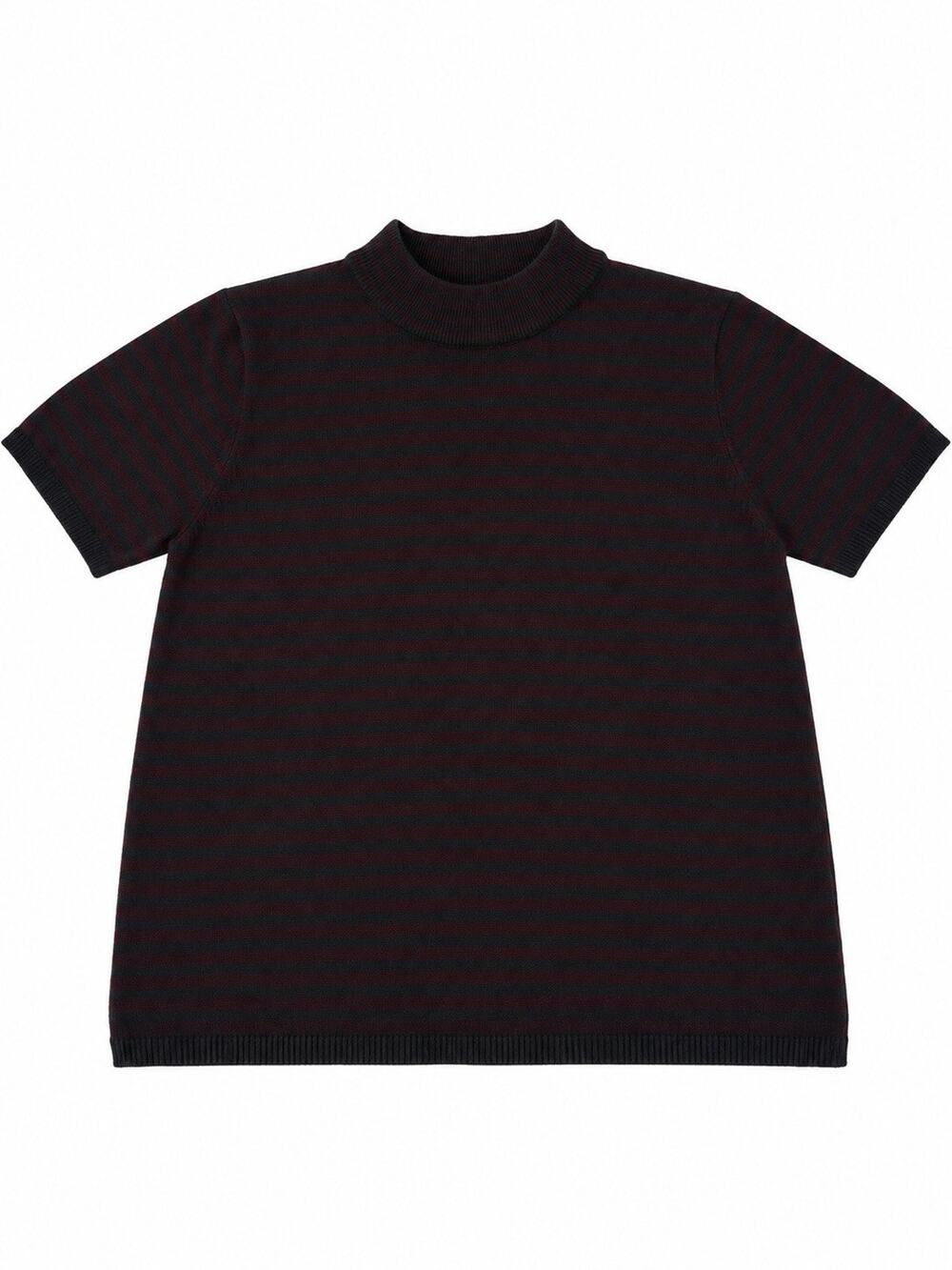 Women’s Medium Black Burgundy Striped Short Sleeve Mock Neck Knit Sweater